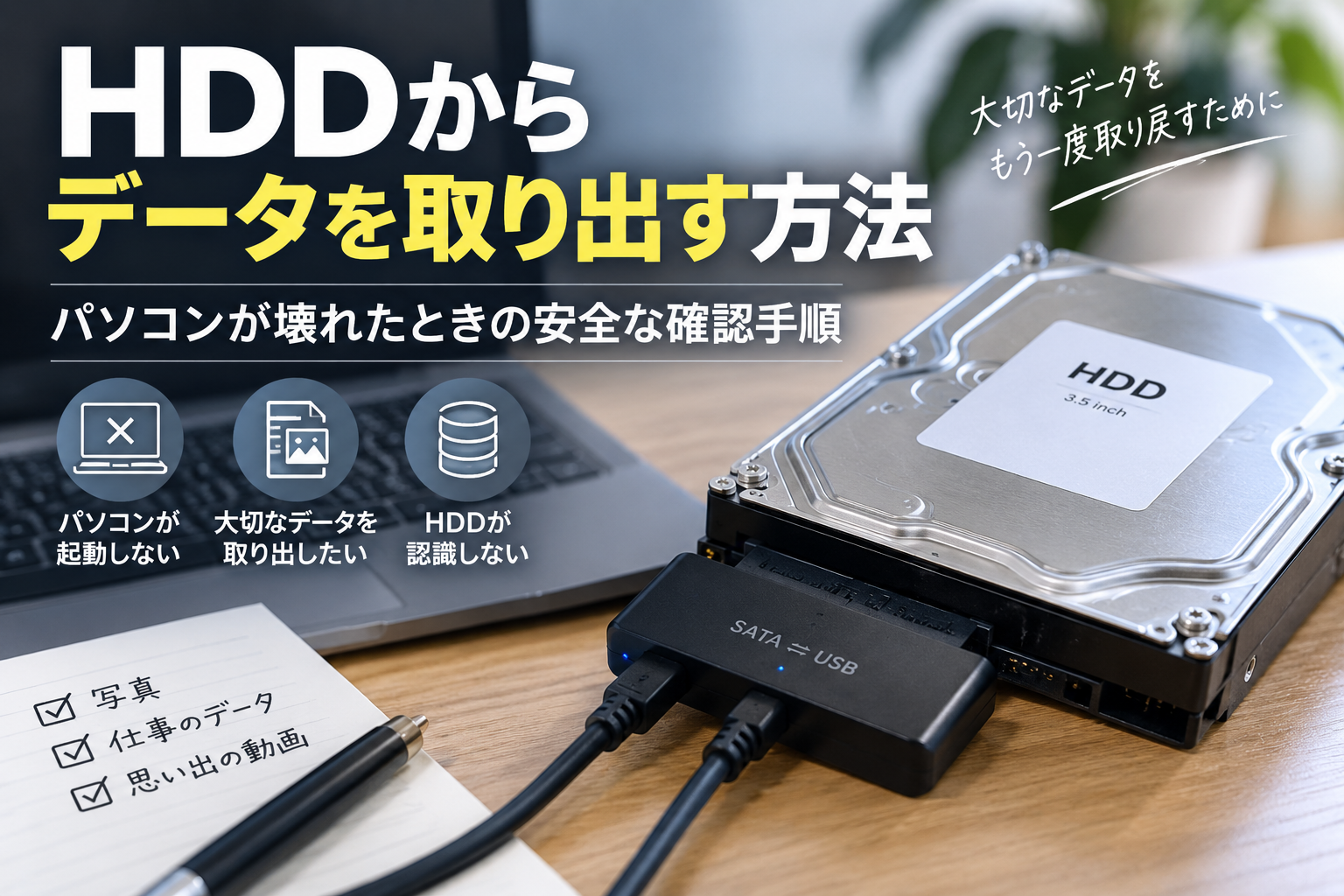 HDDからデータを取り出す方法と壊れたパソコンから安全にデータを救出する手順を解説するイメージ